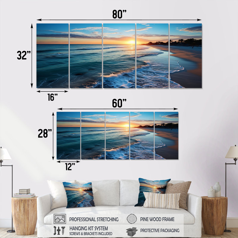 «Tranquil Shores Sunset Beach Horizon I - Coastal Beach», ensemble de 5 pièces d'art mural, H 28 po x l 60 po