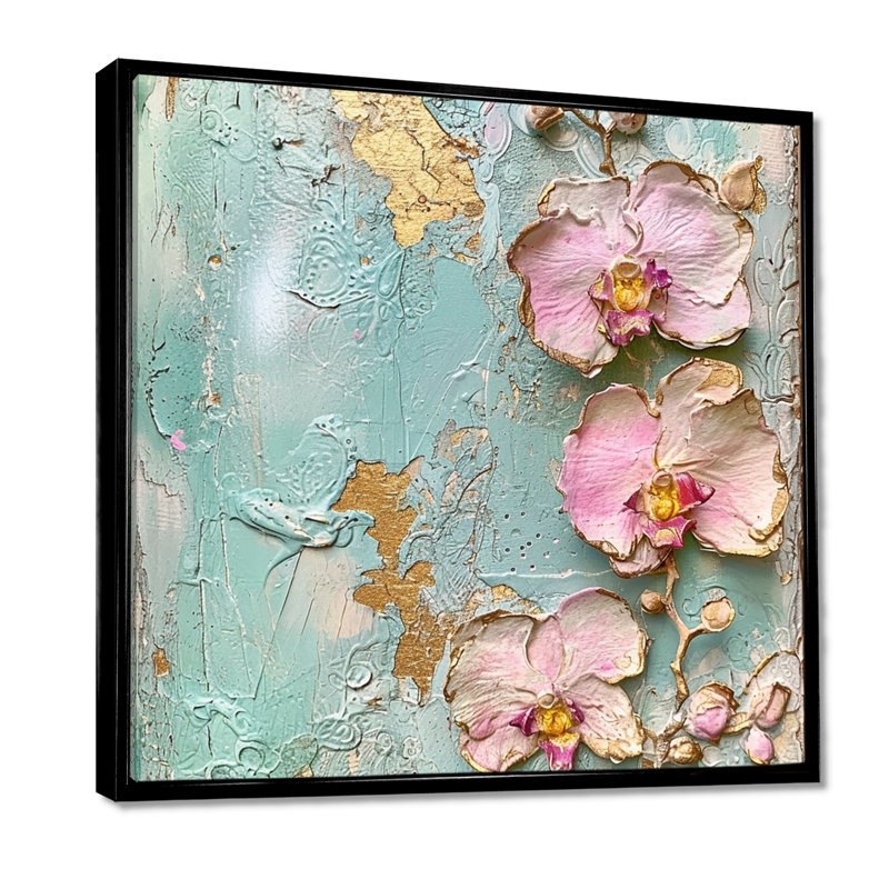 Fleurs d'orchidées roses sur un mur bleu rétro - salon d'art mural orchidée, Cadre flottant noir, bois massif