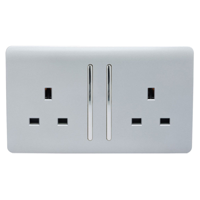Trendi Switch 2 Gang Long Switched Plug Socket, Silver