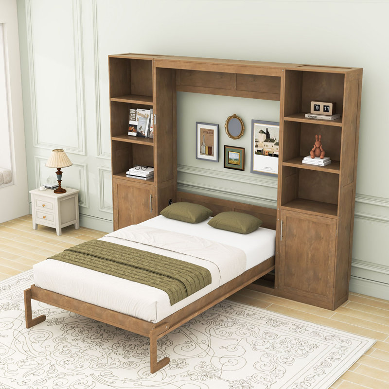 Grand lit escamotable en bois avec rangement intégré et tête de lit