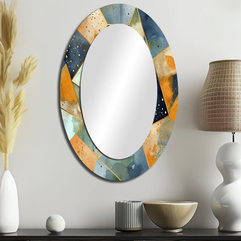 Formes de marbre asymétriques bleues et jaunes - miroir mural moderne bleu ovale, H 36 po x l 24 po