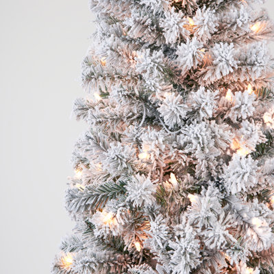 Pre-Lit Snow Flocked Pencil Christmas Tree with Clear Warm Lights - Slim Artificial Xmas Tree for Festive Home Decor
