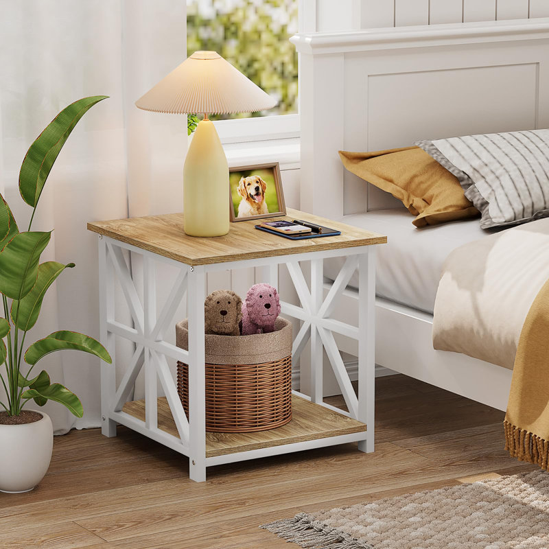 2-Tier Side Table with Storage, Oak, White