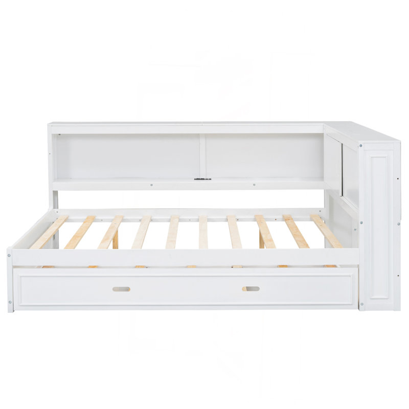 Lit de jour en bois pleine grandeur avec tablettes de rangement, USB, DEL et lit gigogne, blanc