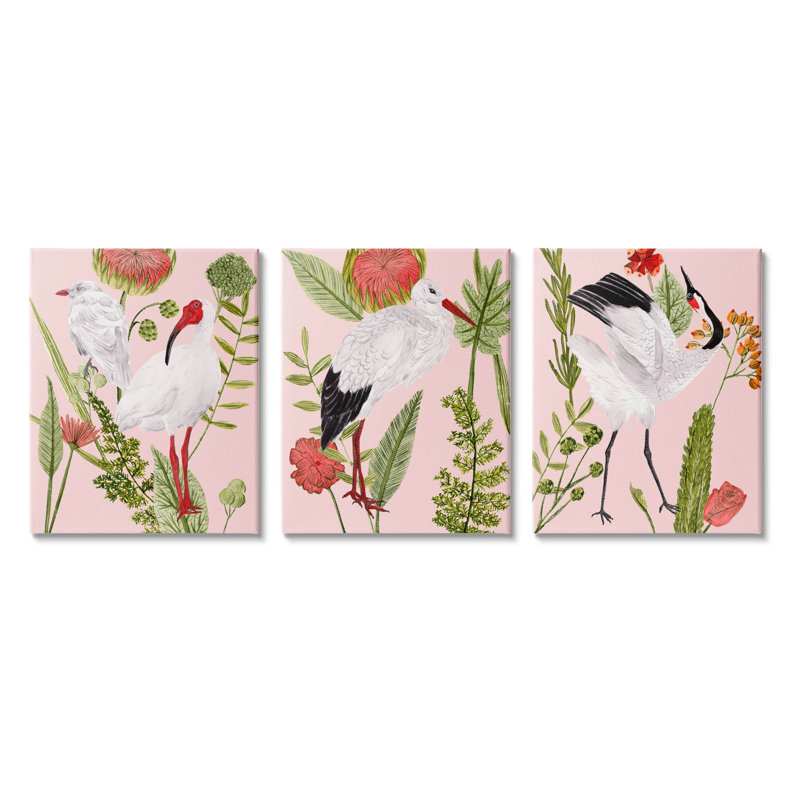 «Crane Bird», ensemble de 3 reproductions d'art sur toile par Melissa Wang, H 14 po x l 33 po x P 1,5 po