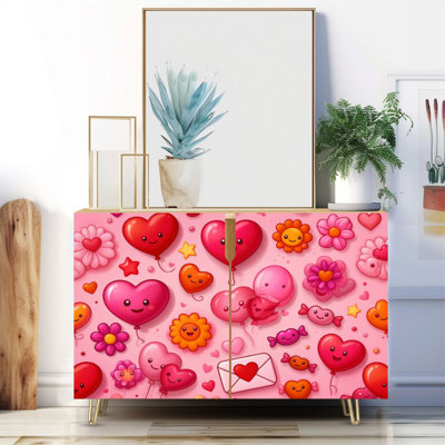 Buffet étroit de 35,4 po de largeur - armoire de rangement décorative à 2 portes avec motif de cœurs roses et roses