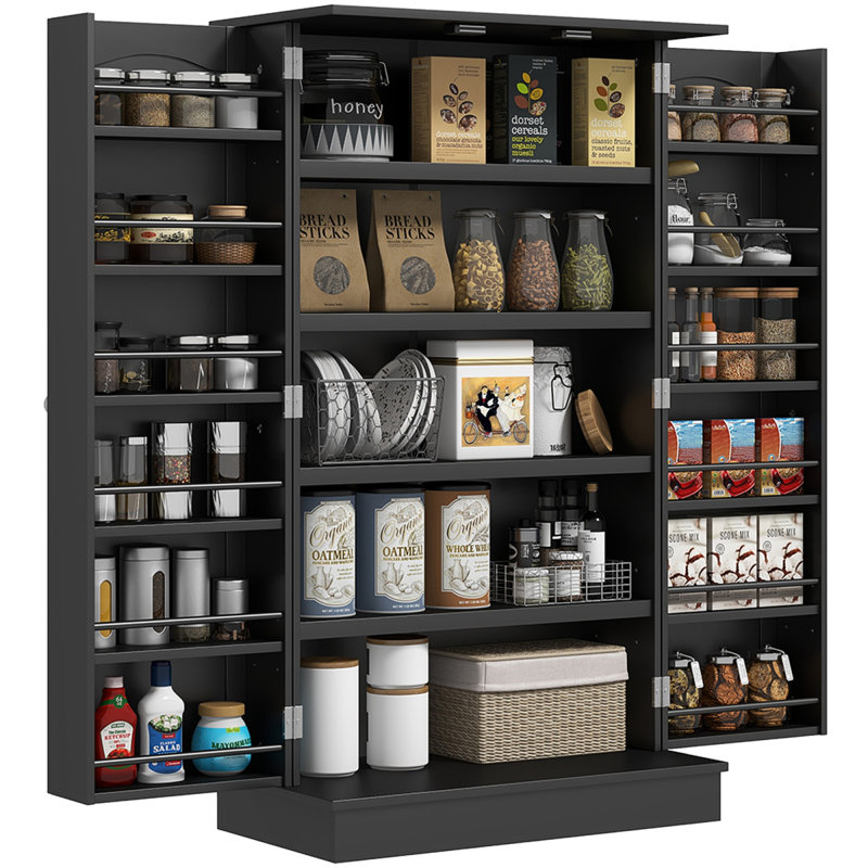 Garde-manger de 41 po, armoire de cuisine à 2 portes avec étagères de rangement à 5 niveaux, 12 étagères à épices et tablettes réglables pour la salle à manger, noir