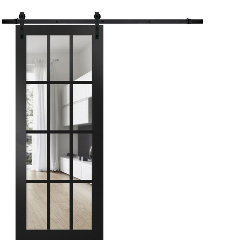 Porte de grange robuste Felicia 3355 Noir mat avec vitrage transparent, rail de 2 m, quincaillerie renforcée, porte intérieure à panneau plein - 45,7 cm x 213,4 cm - Rail noir