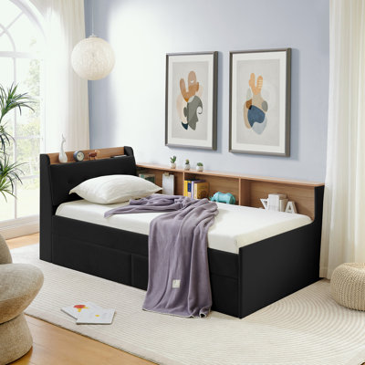 Lit de jour simple en velours rembourré avec tête de lit et rangement sans fil