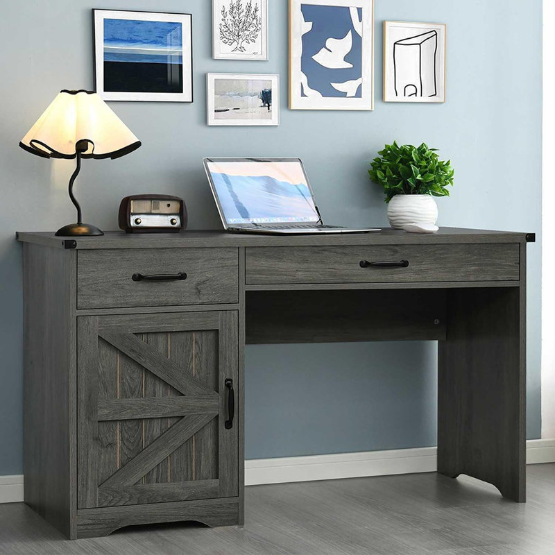 Bureau de ferme 48 pouces avec 2 tiroirs, petit bureau de direction avec classeur et porte de grange pour petits espaces