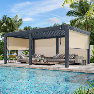 16 x 12 Ft Louvered Pergola with Pull-Down Screens, Aluminum Outdoor Gazebo with Adjustable Waterproof Roof for Patio, Deck & Hot Tub, Dark Gray
