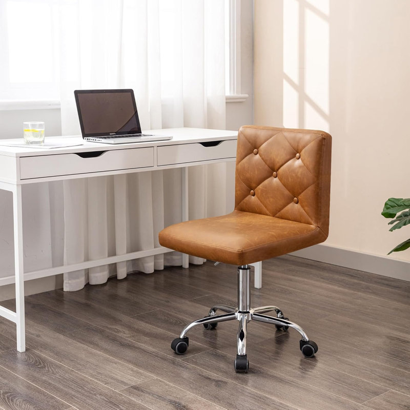 Brown Armless Ergonomic Adjustable Swivel Office Chair with Wheels – Modern Rolling Computer Desk Chair, Comfortable Task Chair for Home Office, Study, or Vanity
