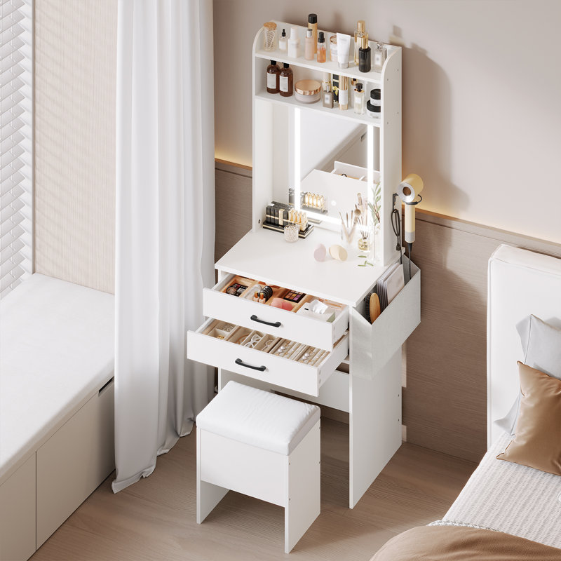 Petit ensemble de coiffeuse avec miroir et lumières, ensemble de coiffeuse blanche avec tiroirs et tabouret de rangement