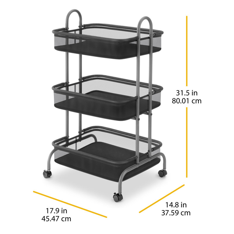Whitmor Gunmetal Gray Metal Mesh 3-Tier Rolling Cart with Wheels