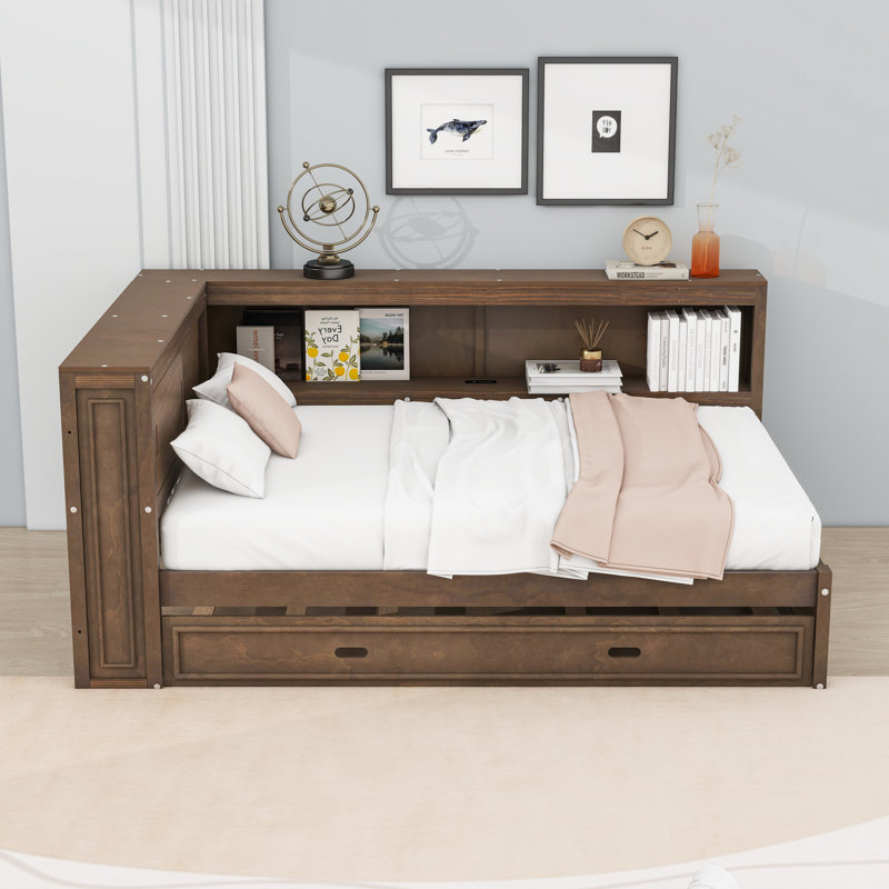 Full Wood Daybed with Twin Trundle, Shelves, Charging Station and LED Lighting, Antique Wood