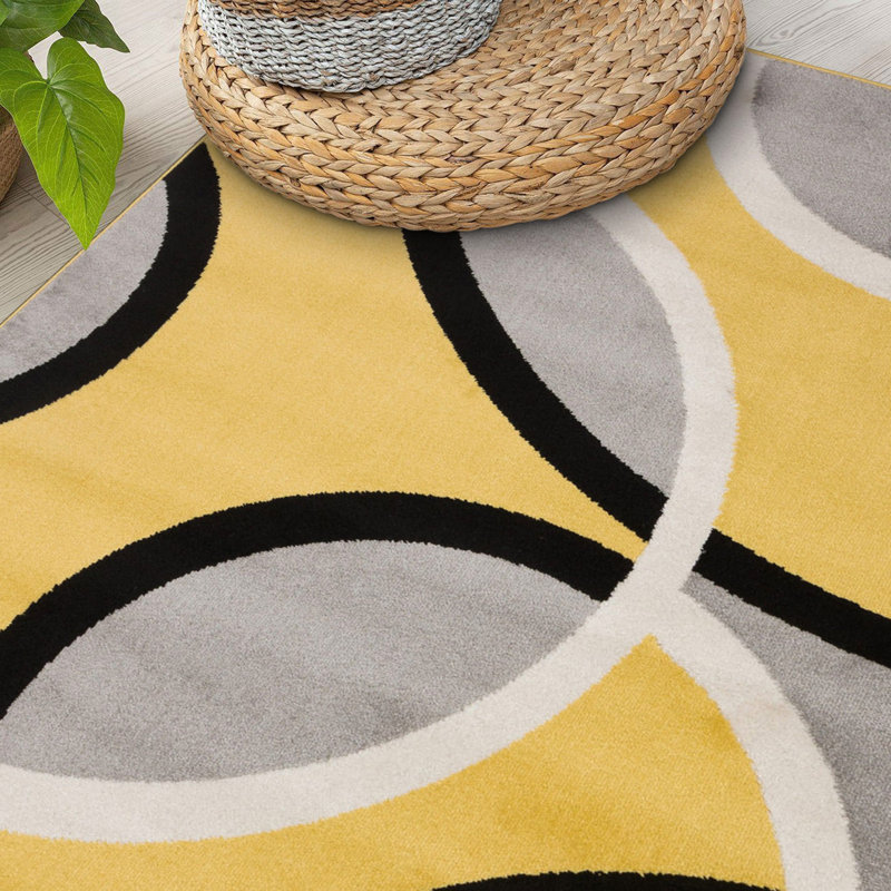 Yellow and Gray Geometric Rectangular Synthetic Area Rug