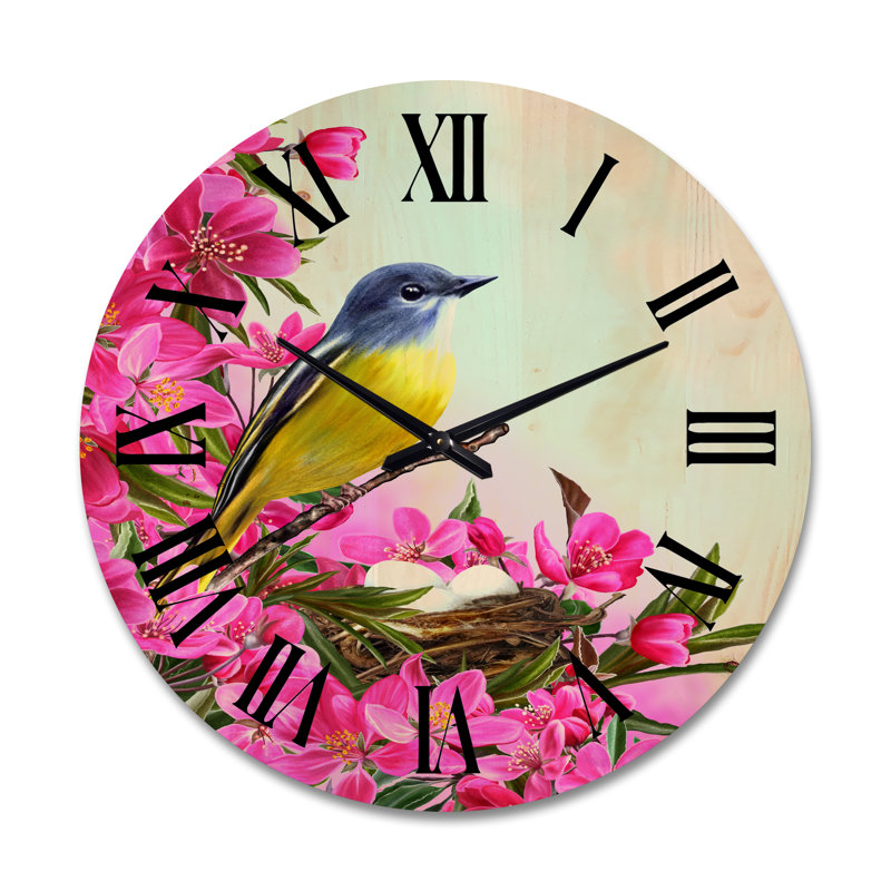 Petit oiseau près du nid avec horloge murale en bois, Grand