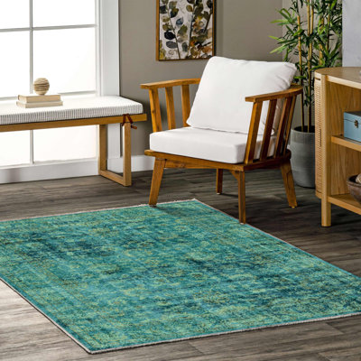 Tapis oriental en chenille de coton d'aspect rétro bleu sarcelle Pender