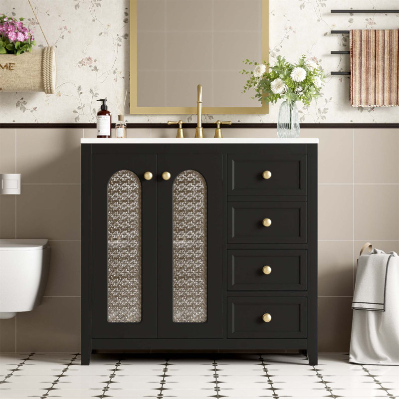 36-Inch Bathroom Vanity With Soft Close Doors, Adjustable Shelves, And Three Drawers For Ultimate Storage And Style, Black