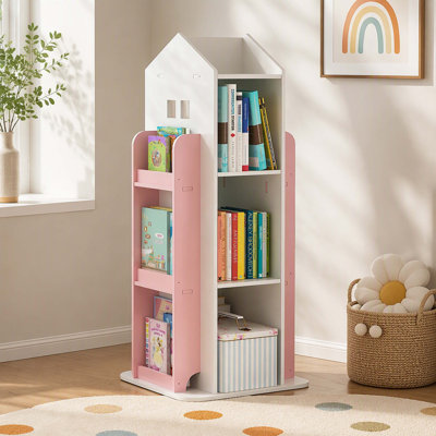 4-Tier Freestanding 360° Rotating Display Book Shelf, Kids Revolving Floor Bookcase for Bedroom, Living Room & Study Room, Pink