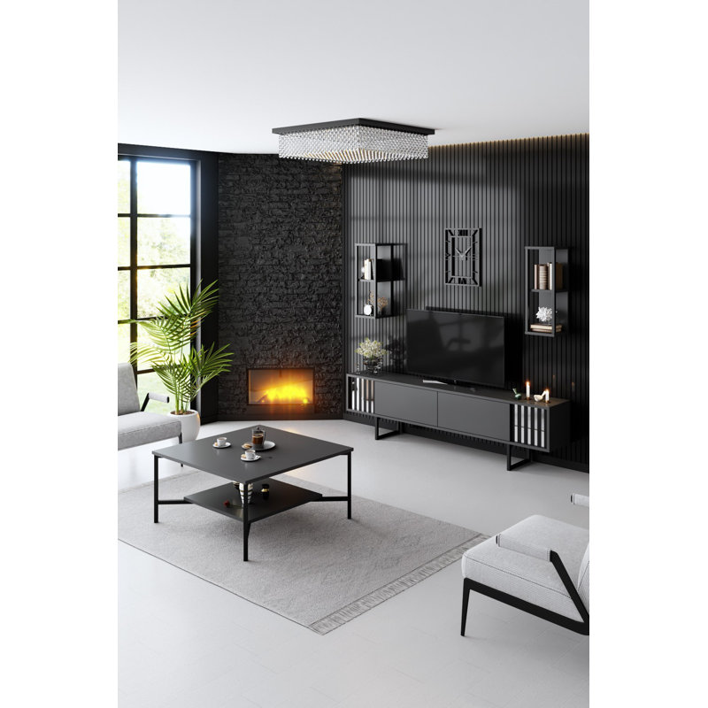 Ensemble de meubles de salon moderne, anthracite et noir, 100% panneau de particules enduit de mélamine, pieds en métal, meuble télé (70,9 x 11,8 x 18,9 po), tablette murale (8,7 x 8,3 x 23,6 po), table basse (31,5 x 31,5 x 15,7 po) Design élégant et durable pour la décoration industrielle