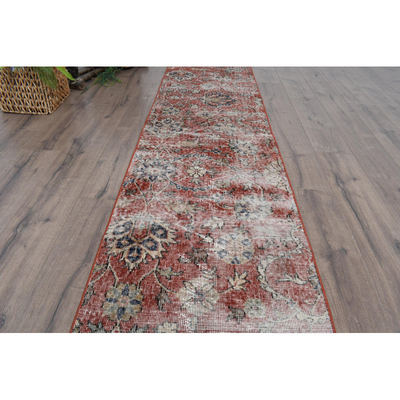 Vintage Wool Patchwork Runner Rug, 25.2x117.3 Inch Red Rug