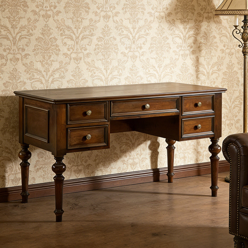 Bureau en chêne massif avec cinq tiroirs American Retro, H 30,71 po x l 55,12 po x P 27,56 po, Brun