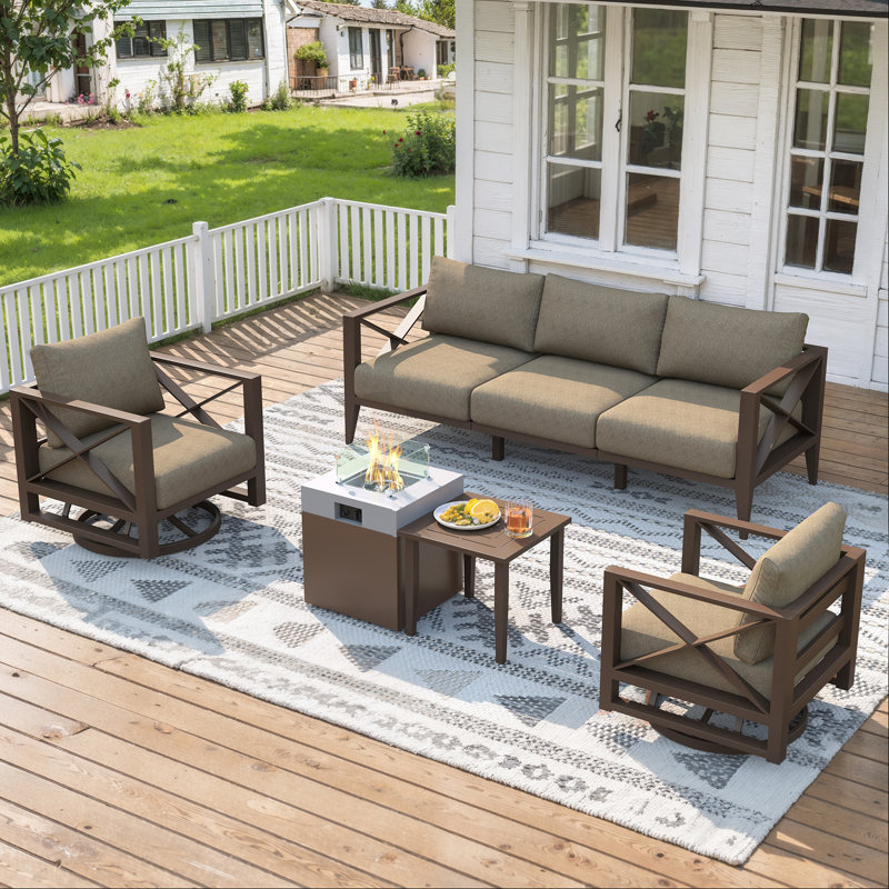 5 - Person Outdoor Aluminum Conversation Set with Swivel Chairs & Firepit, Chestnut Brown Cushion/Brown Frame