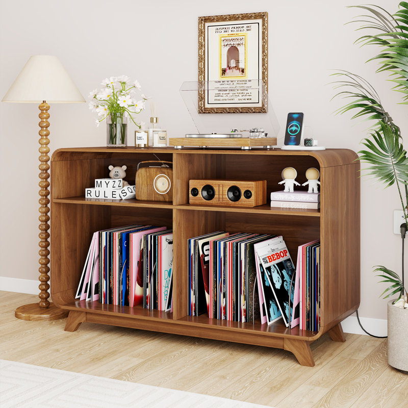 Support pour tourne-disque courbé avec rangement, support pour tourne-disque avec station de charge et ports USB, Noyer