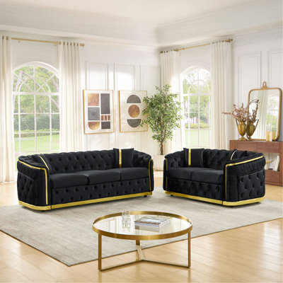 Ensemble de canapé Chesterfield de luxe en velours 2 pièces, canapé 3 places 84,6 "et canapé causeuse 62,6" pour le salon avec décoration en acier inoxydable doré et 4 coussins