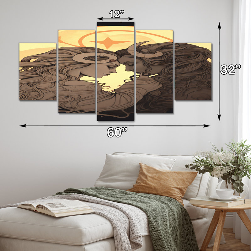 Couple féminin célébrant l'amour divin III - art mural sur toile - 5 panneaux