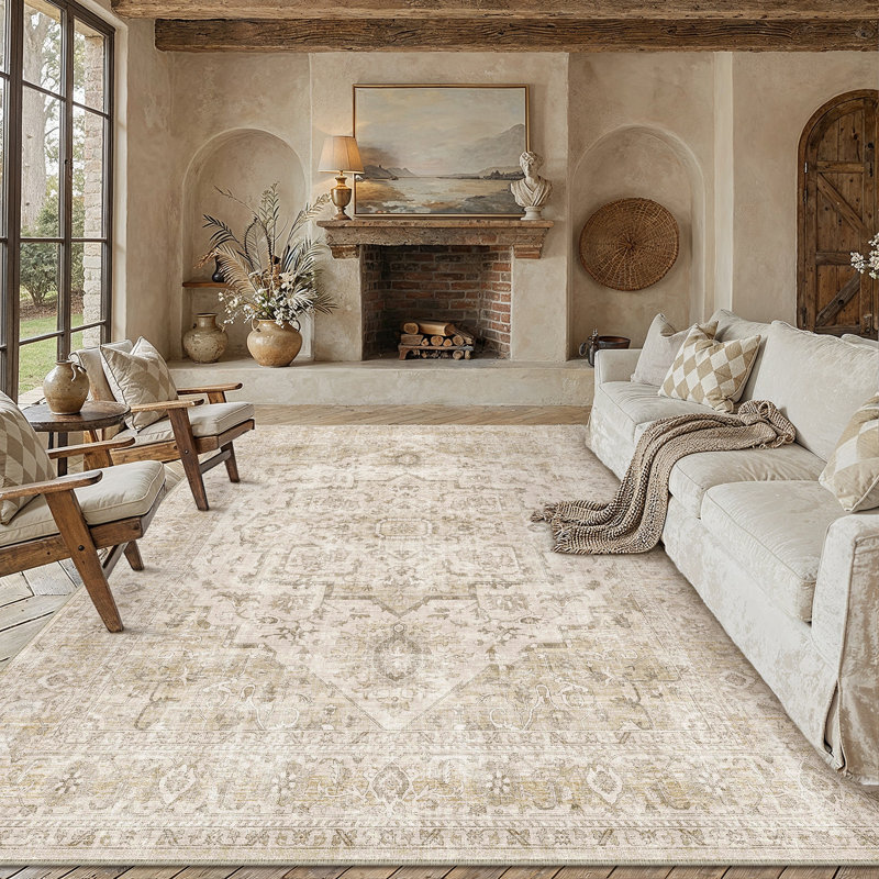 Tapis beige Artisanal rétro lavable à la machine et antidérapant, Beige, Rectangulaire 8 pi x 10 pi