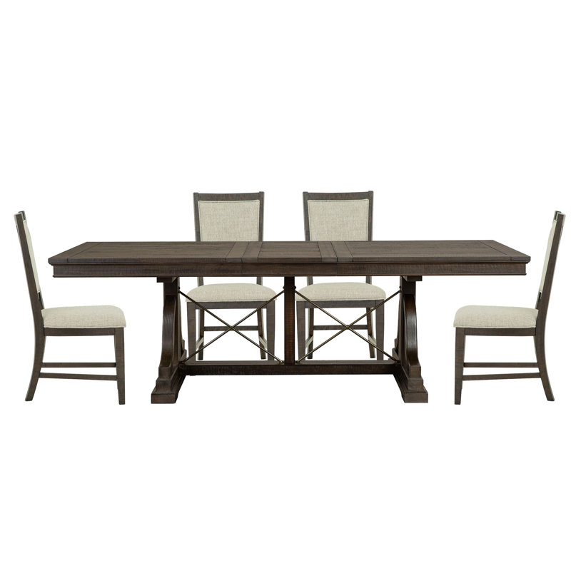 Extendable Trestle Dining Table With 4 Upholstered Side Chairs, 5 Pieces: Table, 4 Chairs