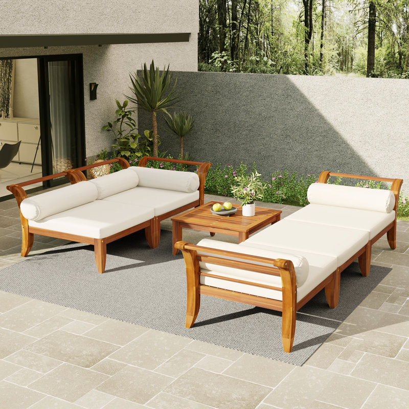 Luxurious 6-Piece Acacia Wood Outdoor Modular L-Shaped Sectional Set with Convertible Daybed, Tea Table, Ottoman, 5 Cushions & Pillows - Teak & Beige