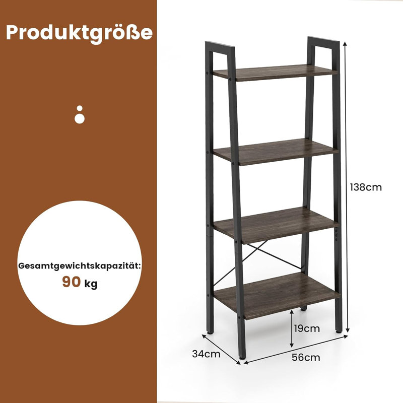 Langell 138cm H x 56cm W Metal Ladder Bookcase, Grey Oak
