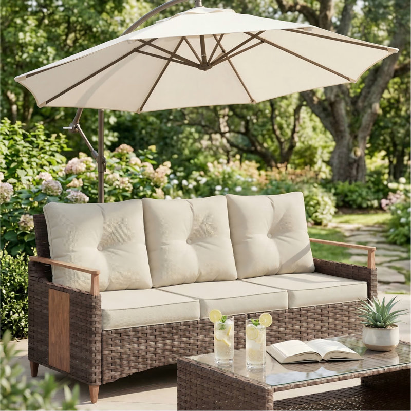 Melvarn Outdoor Patio 70.2"W Wicker 3-Seater Sofa With Cushion And Wood-Look Surface, Beige