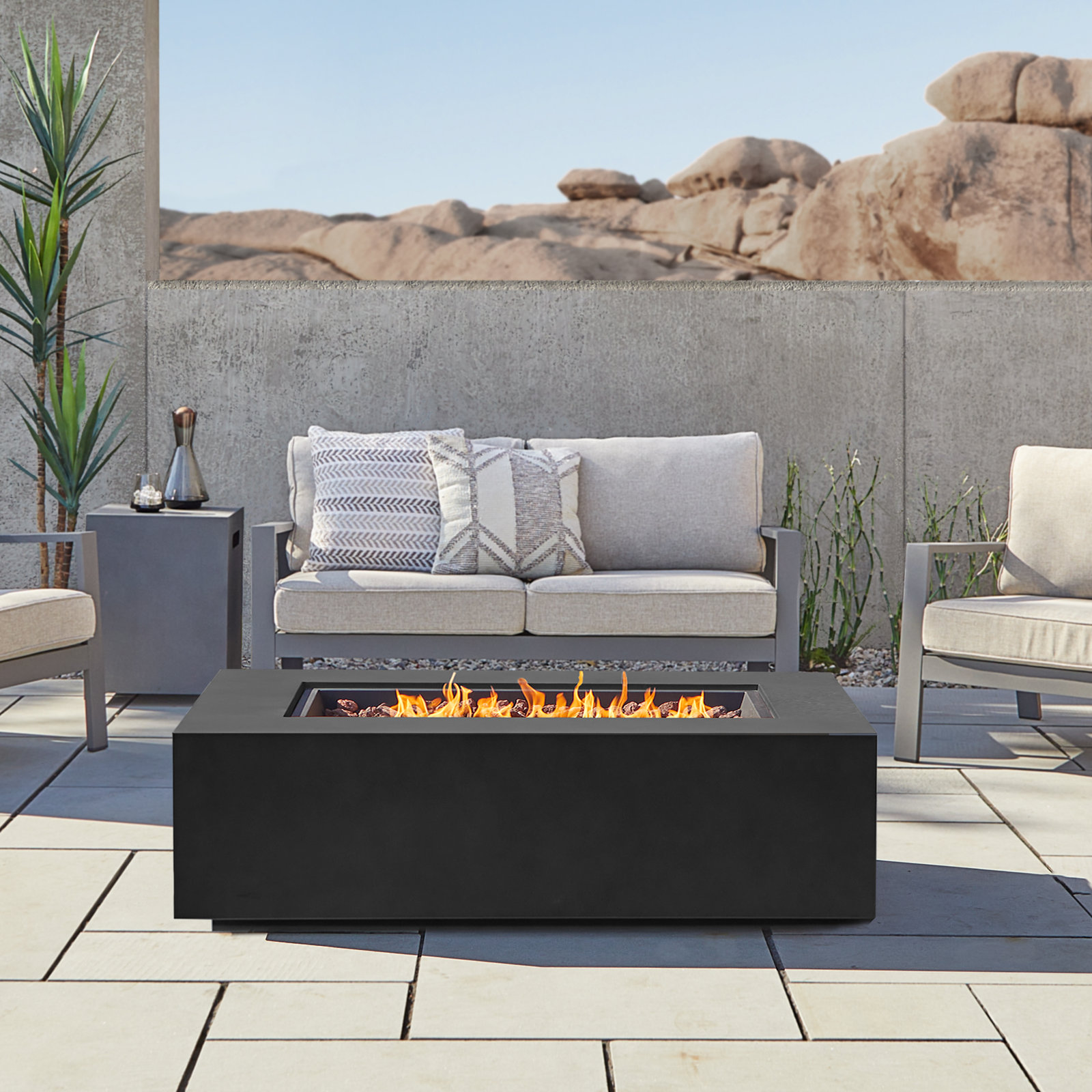 Aegean Fire Pit Table, 15" H x 50" W x 32" D, Black