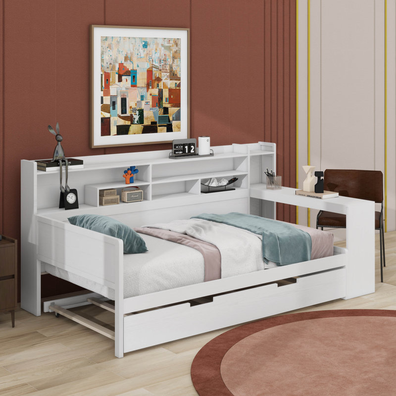 Lit de jour avec lit gigogne et bureau d'étude, Simple, Blanc antique
