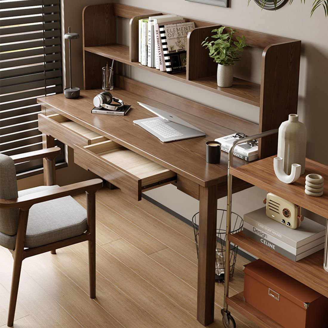 August Grove Fully solid wood desk with drawers and a bookshelf ...