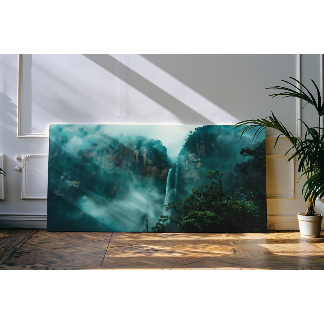 Gerahmtes Bild auf Leinwand 120x60cm Berge Klippen Natur Wasserfall Regenwald