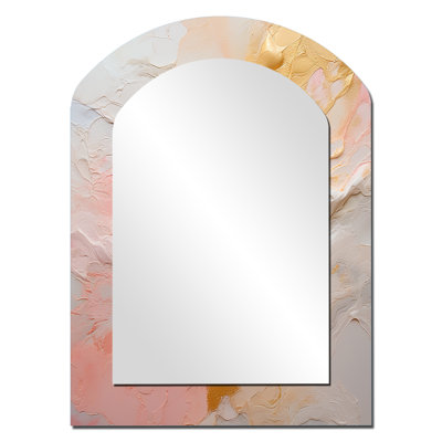 Gold And Pink Paint Fusion I - Abstract Painting Arch Large Wall Mirror, Beige Asymmetrical Decorative Mirror, Printed Metal Art