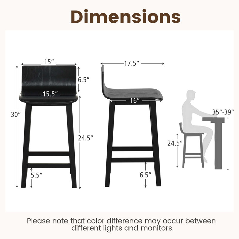 24.5" Wood Bar Stools Set Of 2 With Solid Back & Seat Mid Century Bar Chairs, Black