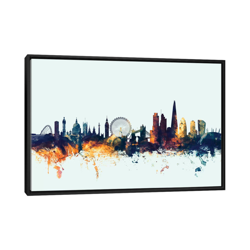 Skyline Series: Londres, Angleterre, Royaume-Uni I, impression sur toile tendue en bleu, Toile avec cadre noir, Pas de tapis