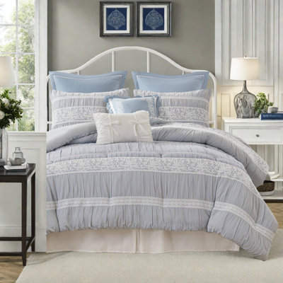 Luxury Blue Jacquard Bedding Sets, King 7-piece Polyester Comforter, Romantic Cottage Style For Home