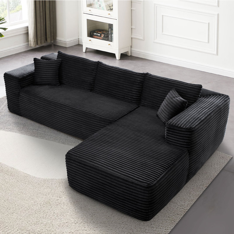 Canapé-lit 2 pièces avec coussin Kessas, Velours côtelé noir plus, Orienté à droite