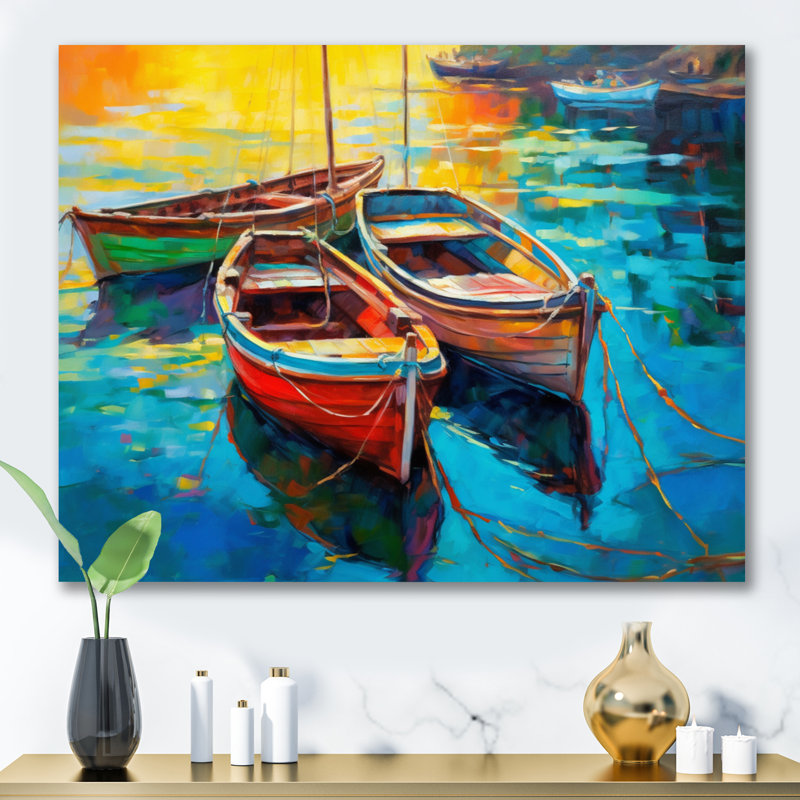 Trois bateaux dans le port I - impression sur toile Coastal Port, Toile tendue, H 16 po x l 32 po x P 1 po