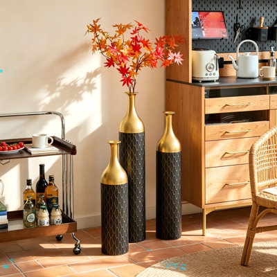 Ensemble de 3 vases de plancher en métal noir et or, grands vases en nid d'abeille fabriqués à la main - Décoration moderne glamour pour le salon, l'entrée et les fleurs séchées