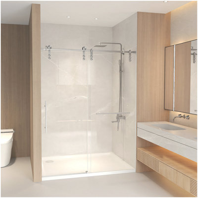 Porte de douche coulissante sans cadre H 50 à 54 po x 76 po, verre trempé transparent de 5/16 po (8 mm), structure en acier inoxydable, nickel brossé