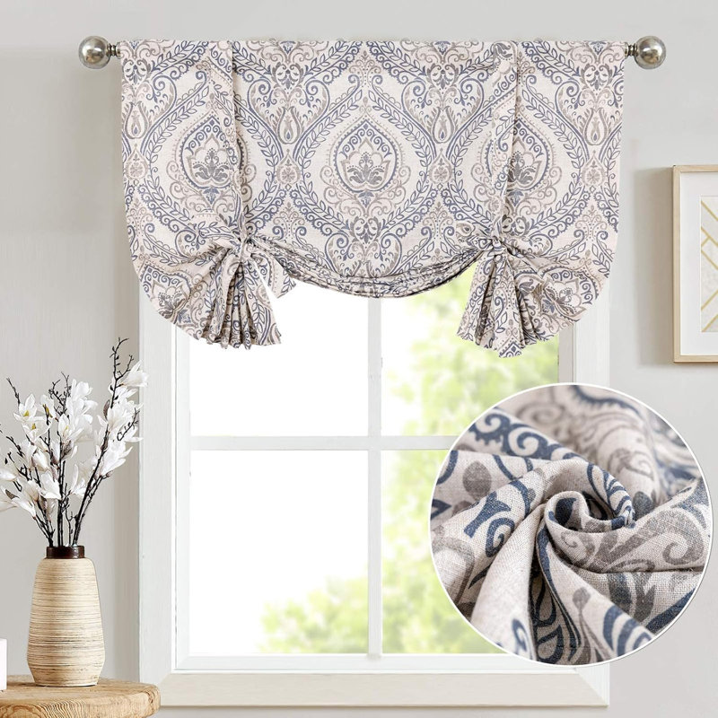 Faux Linen Farmhouse Tie up Valance, Blue on Beige, 42" W x 54" L