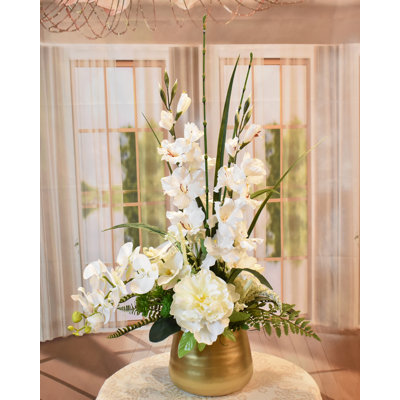 Modern White Gladiolia  Orchid Silk Flower Arrangment